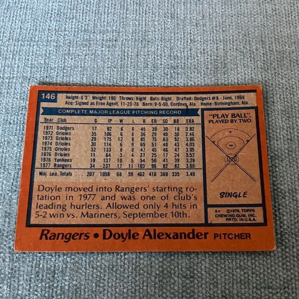 1978 Topps Texas Rangers Baseball Card Trading Card